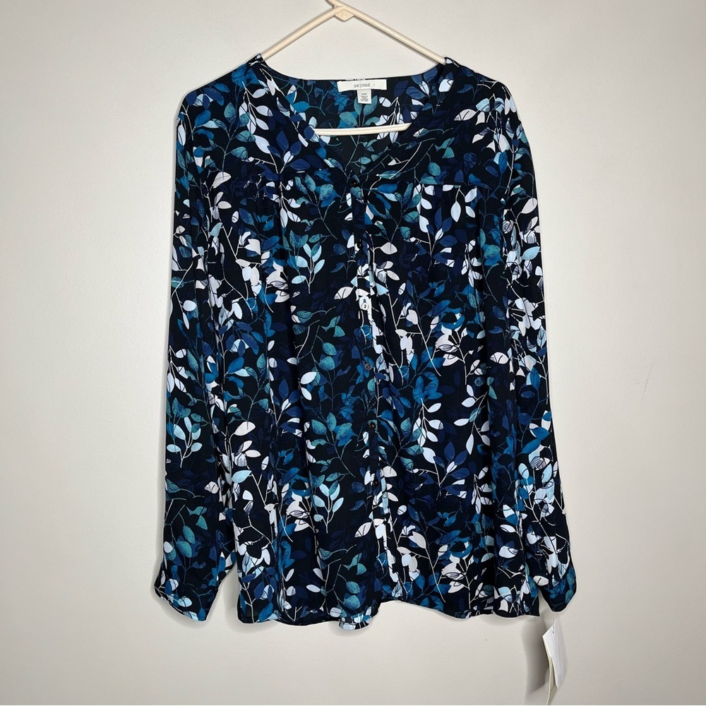 NWT Sejour Leaf Pattern Print Long Sleeve Button Down Front Blouse Size 14W